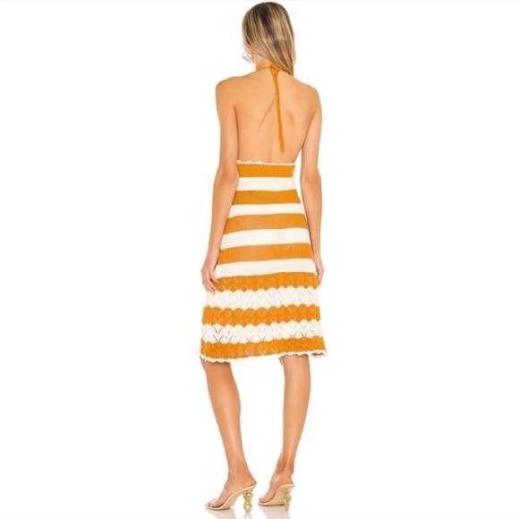 BCBG Sweater Halter Dress in Ivory & Caramel Spice Crochet Knit Stripe Lined - Picture 2 of 16